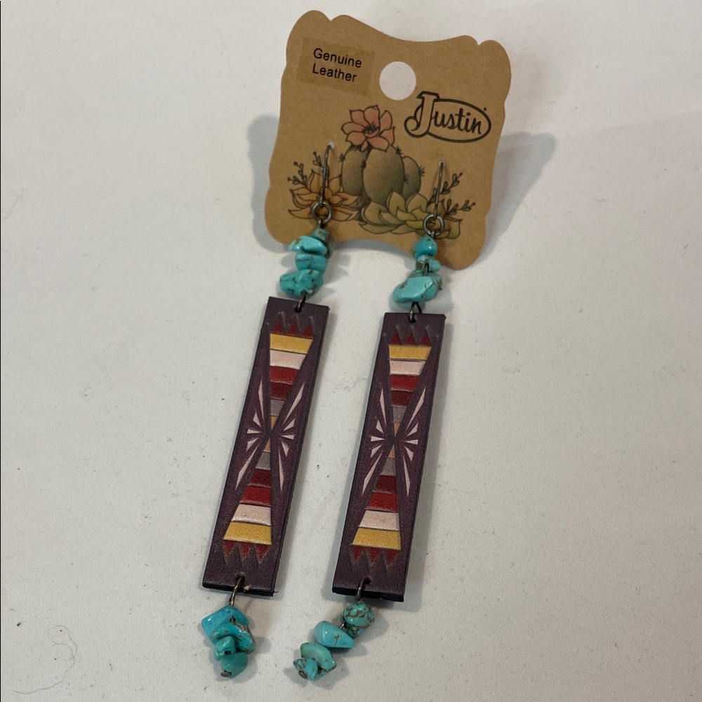 Justin Boots Genuine Leather Earrings with Turquoise Accents - Picture 1 of 3